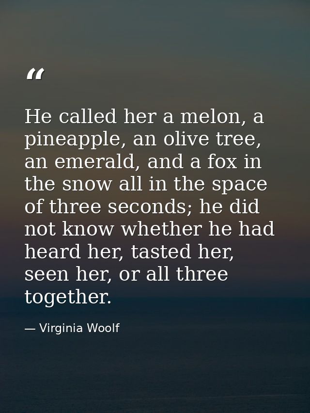 He called her a melon, a pineapple, an olive tree, an emerald, and a fox in the snow all in the space of three seconds;  — Virginia Woolf