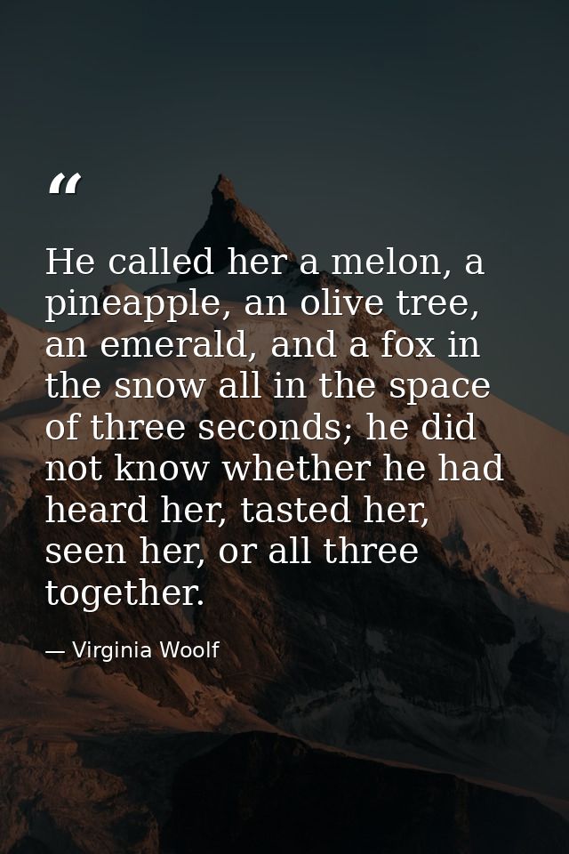 He called her a melon, a pineapple, an olive tree, an emerald, and a fox in the snow all in the space of three seconds;  — Virginia Woolf