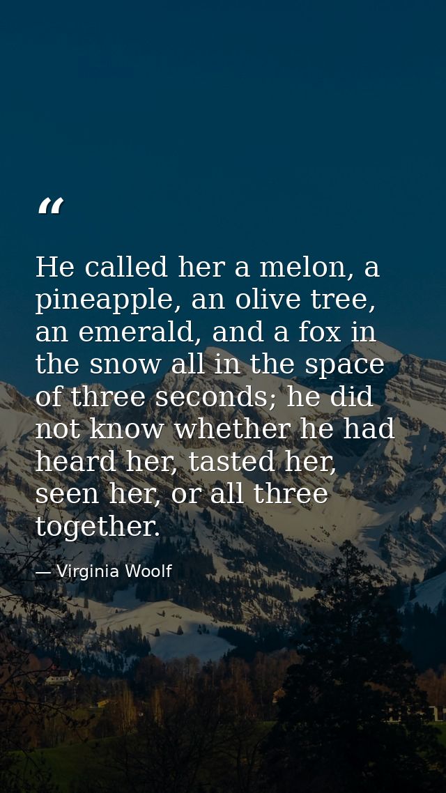 He called her a melon, a pineapple, an olive tree, an emerald, and a fox in the snow all in the space of three seconds;  — Virginia Woolf