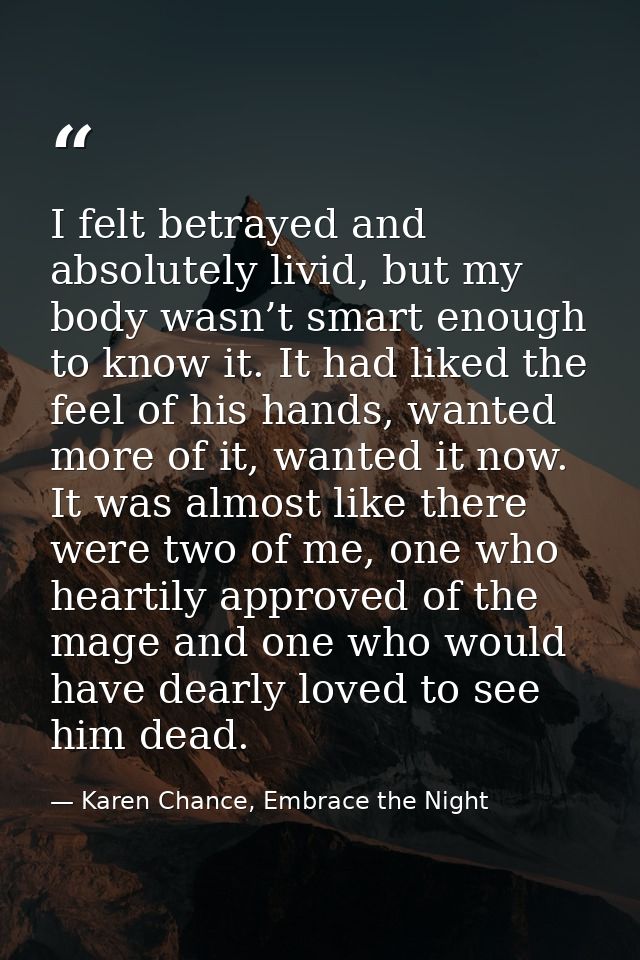 I felt betrayed and absolutely livid, but my body wasn’t smart enough to know it. It had liked the feel of his hands, wa — Karen Chance, Embrace the Night