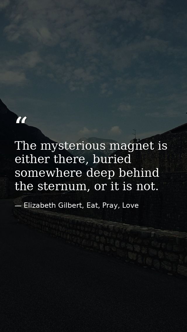 The mysterious magnet is either there, buried somewhere deep behind the sternum, or it is not. — Elizabeth Gilbert, Eat, Pray, Love