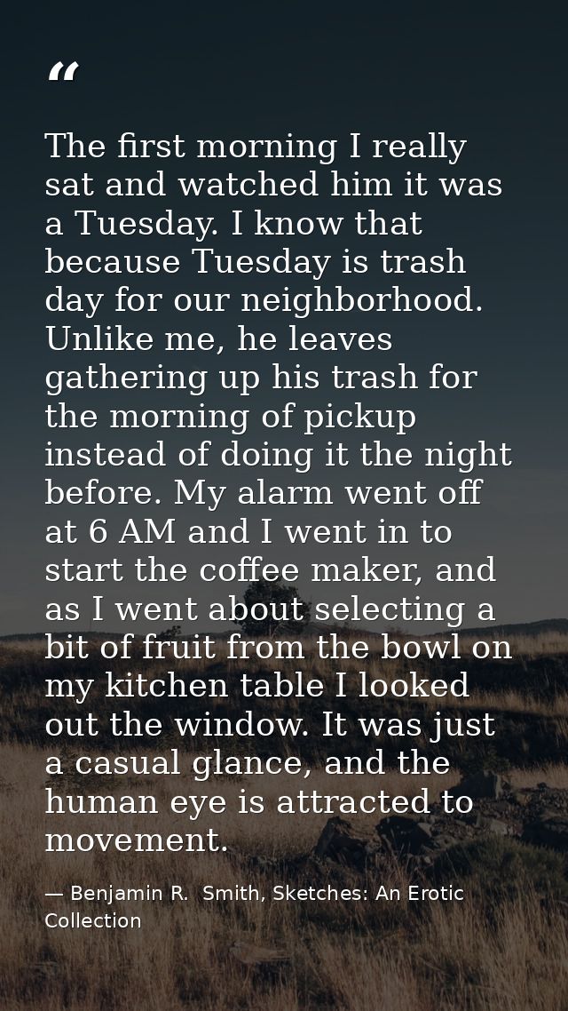 The first morning I really sat and watched him it was a Tuesday. I know that because Tuesday is trash day for our neighb — Benjamin R.  Smith, Sketches: An Erotic Collection