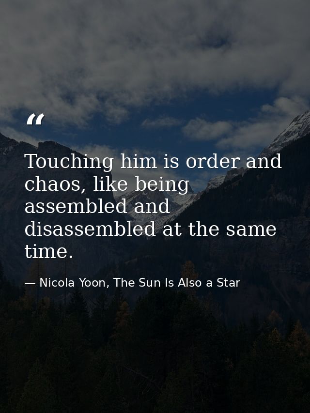 Touching him is order and chaos, like being assembled and disassembled at the same time. — Nicola Yoon, The Sun Is Also a Star