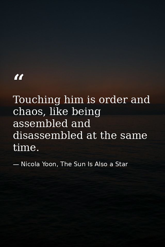 Touching him is order and chaos, like being assembled and disassembled at the same time. — Nicola Yoon, The Sun Is Also a Star