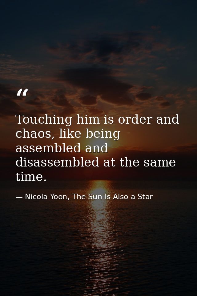 Touching him is order and chaos, like being assembled and disassembled at the same time. — Nicola Yoon, The Sun Is Also a Star