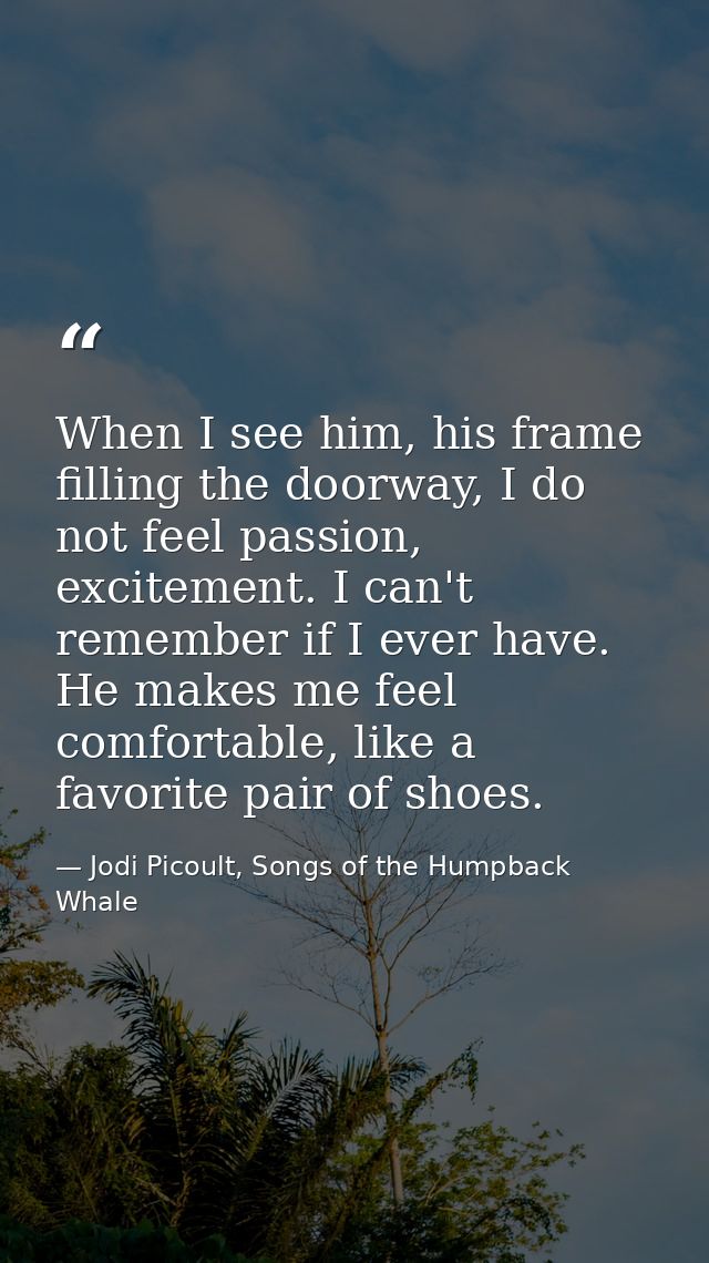 When I see him, his frame filling the doorway, I do not feel passion, excitement. I can't remember if I ever have. He ma — Jodi Picoult, Songs of the Humpback Whale