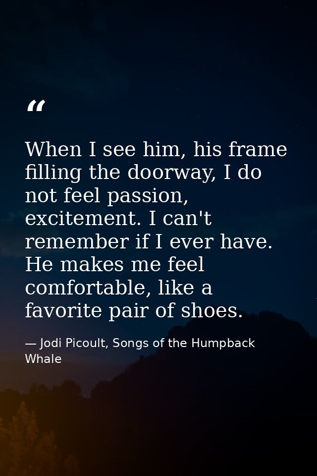 When I see him, his frame filling the doorway, I do not feel passion, excitement. I can't remember if I ever have. He ma — Jodi Picoult, Songs of the Humpback Whale