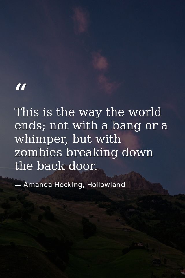 This is the way the world ends; not with a bang or a whimper, but with zombies breaking down the back door. — Amanda Hocking, Hollowland