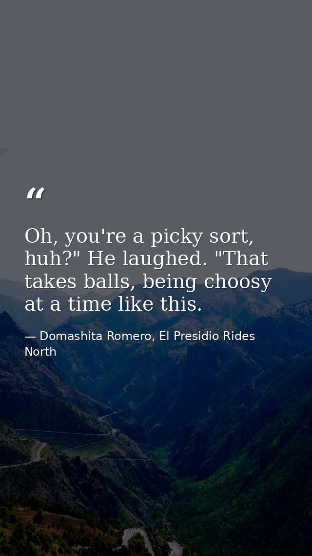 Oh, you're a picky sort, huh?" He laughed. "That takes balls, being choosy at a time like this. — Domashita Romero, El Presidio Rides North
