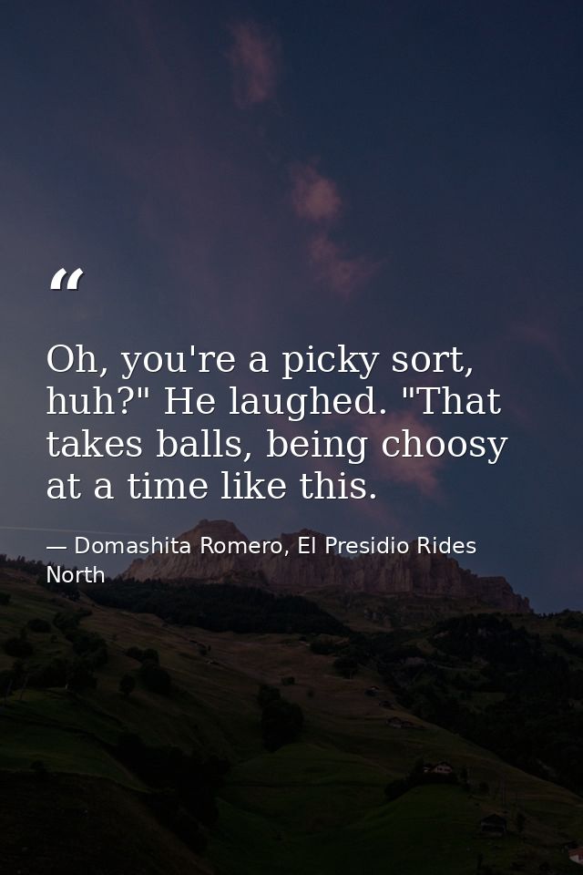 Oh, you're a picky sort, huh?" He laughed. "That takes balls, being choosy at a time like this. — Domashita Romero, El Presidio Rides North