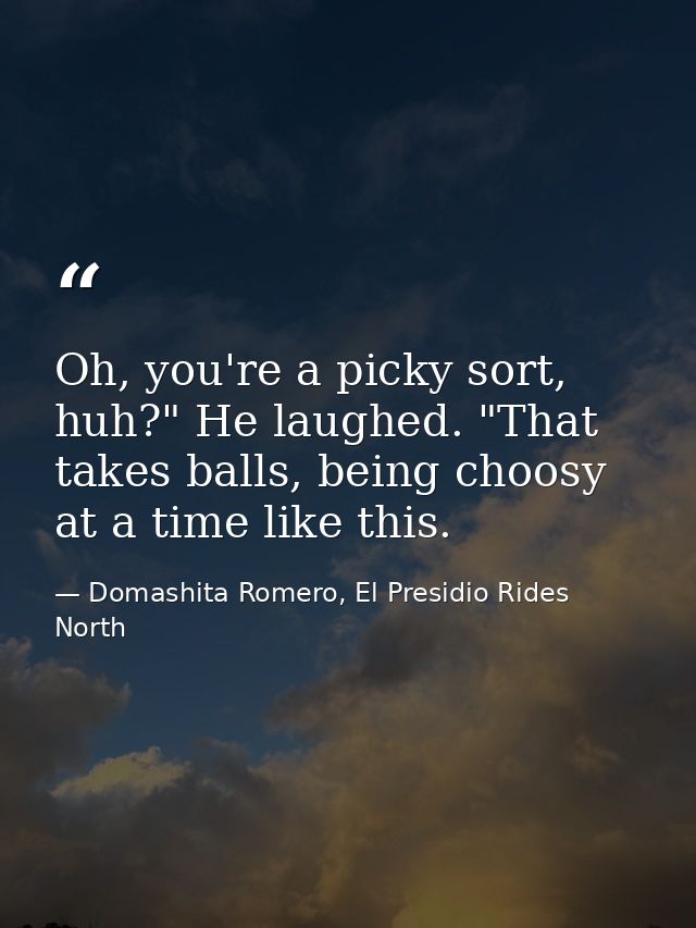 Oh, you're a picky sort, huh?" He laughed. "That takes balls, being choosy at a time like this. — Domashita Romero, El Presidio Rides North