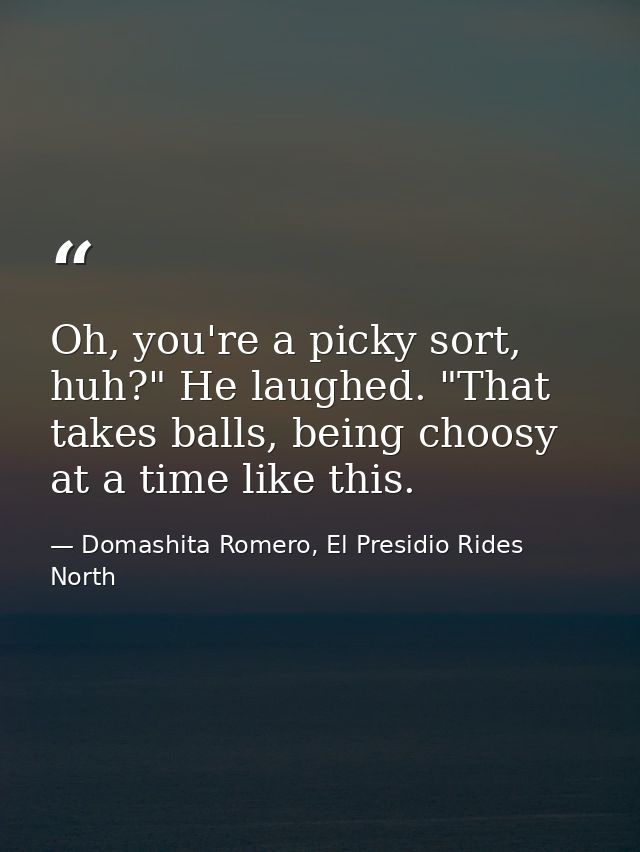 Oh, you're a picky sort, huh?" He laughed. "That takes balls, being choosy at a time like this. — Domashita Romero, El Presidio Rides North