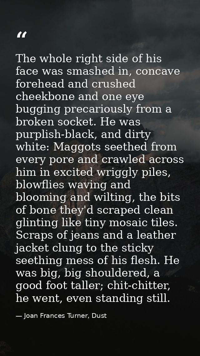 The whole right side of his face was smashed in, concave forehead and crushed cheekbone and one eye bugging precariously — Joan Frances Turner, Dust