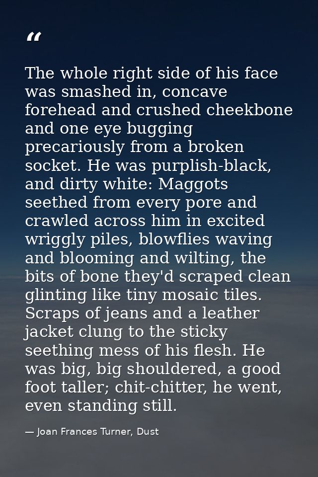 The whole right side of his face was smashed in, concave forehead and crushed cheekbone and one eye bugging precariously — Joan Frances Turner, Dust