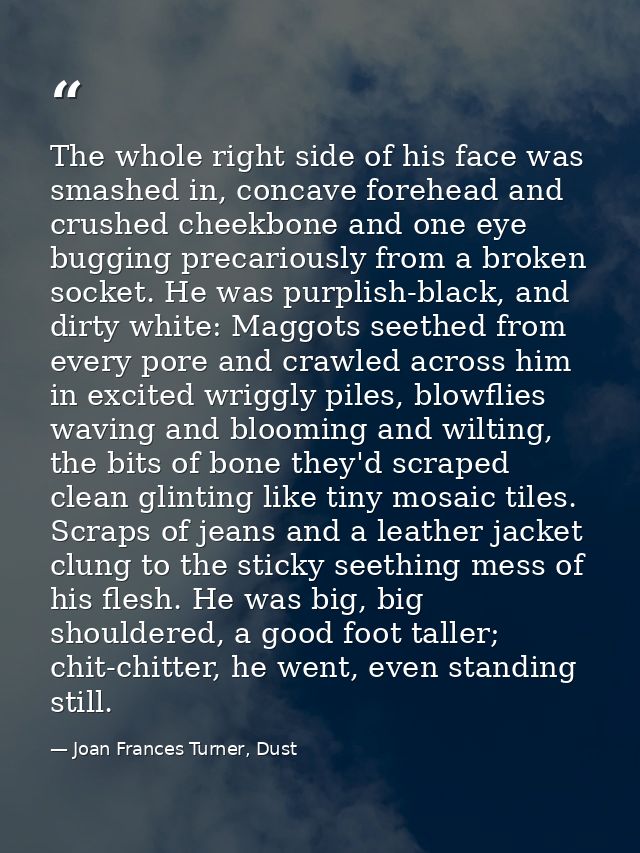 The whole right side of his face was smashed in, concave forehead and crushed cheekbone and one eye bugging precariously — Joan Frances Turner, Dust