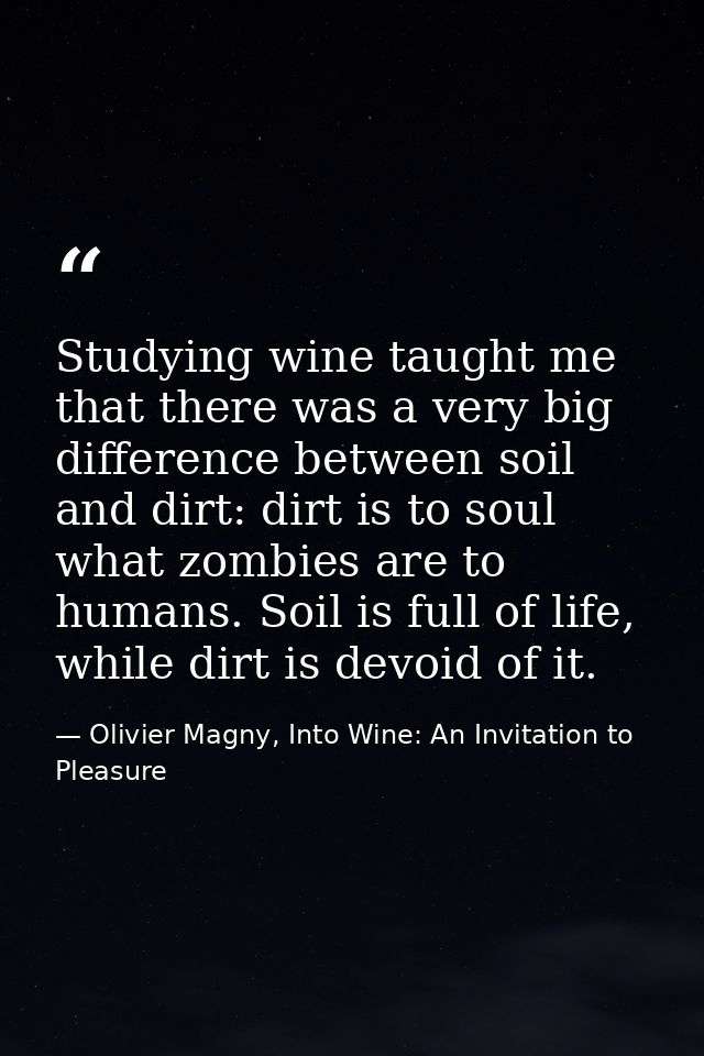 Studying wine taught me that there was a very big difference between soil and dirt: dirt is to soul what zombies are to  — Olivier Magny, Into Wine: An Invitation to Pleasure