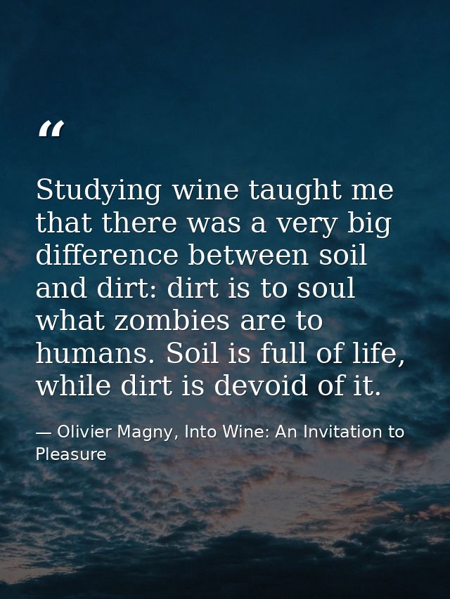 Studying wine taught me that there was a very big difference between soil and dirt: dirt is to soul what zombies are to  — Olivier Magny, Into Wine: An Invitation to Pleasure