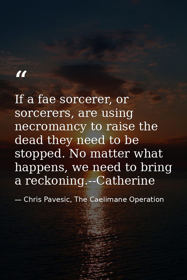 If a fae sorcerer, or sorcerers, are using necromancy to raise the dead they need to be stopped. No matter what happens, — Chris Pavesic, The Caelimane Operation