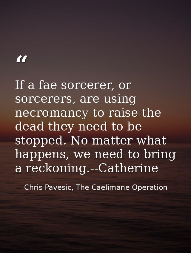 If a fae sorcerer, or sorcerers, are using necromancy to raise the dead they need to be stopped. No matter what happens, — Chris Pavesic, The Caelimane Operation
