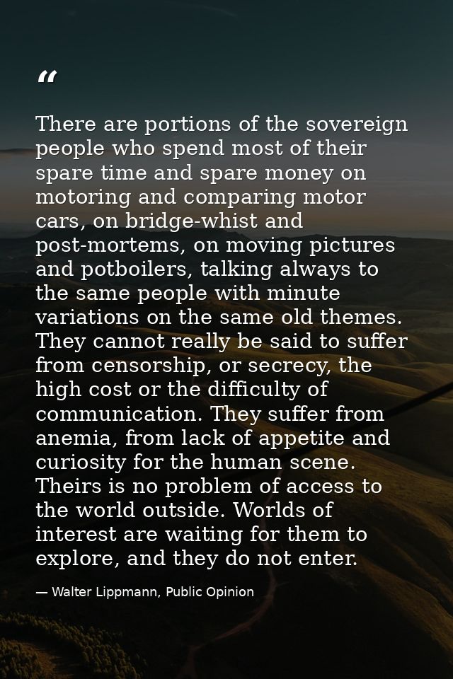 There are portions of the sovereign people who spend most of their spare time and spare money on motoring and comparing  — Walter Lippmann, Public Opinion