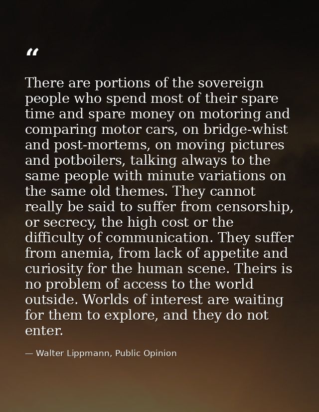 There are portions of the sovereign people who spend most of their spare time and spare money on motoring and comparing  — Walter Lippmann, Public Opinion