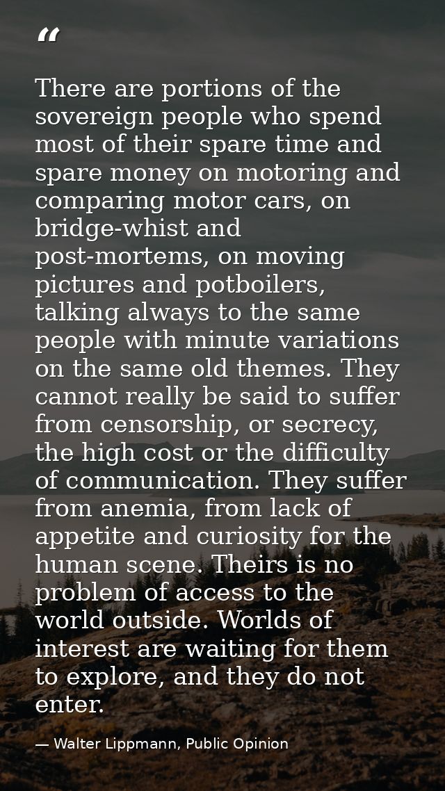 There are portions of the sovereign people who spend most of their spare time and spare money on motoring and comparing  — Walter Lippmann, Public Opinion