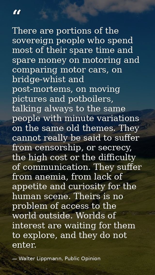 There are portions of the sovereign people who spend most of their spare time and spare money on motoring and comparing  — Walter Lippmann, Public Opinion
