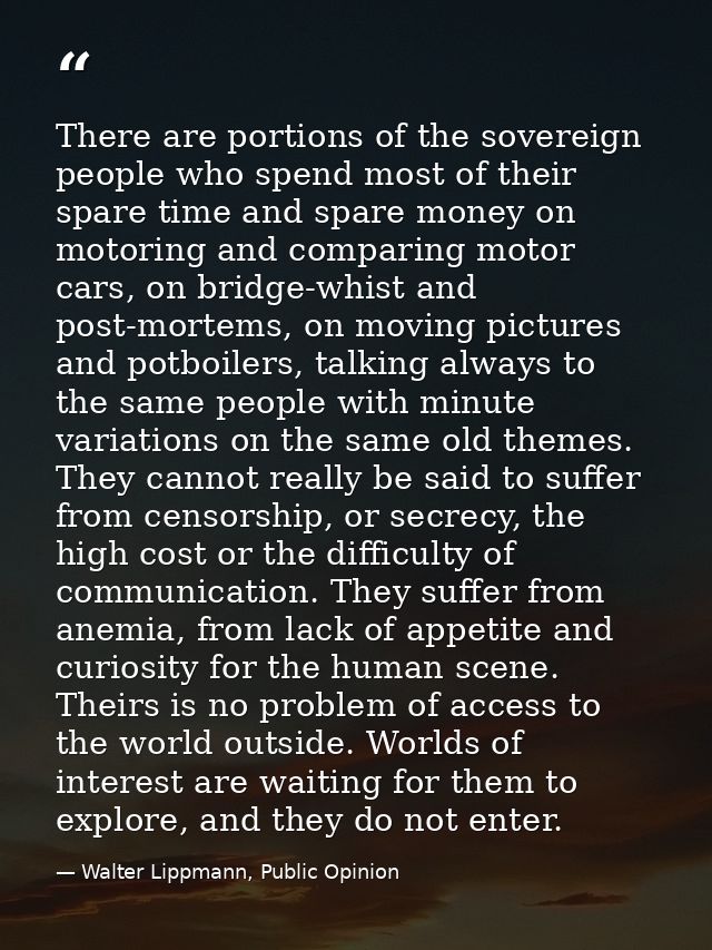 There are portions of the sovereign people who spend most of their spare time and spare money on motoring and comparing  — Walter Lippmann, Public Opinion