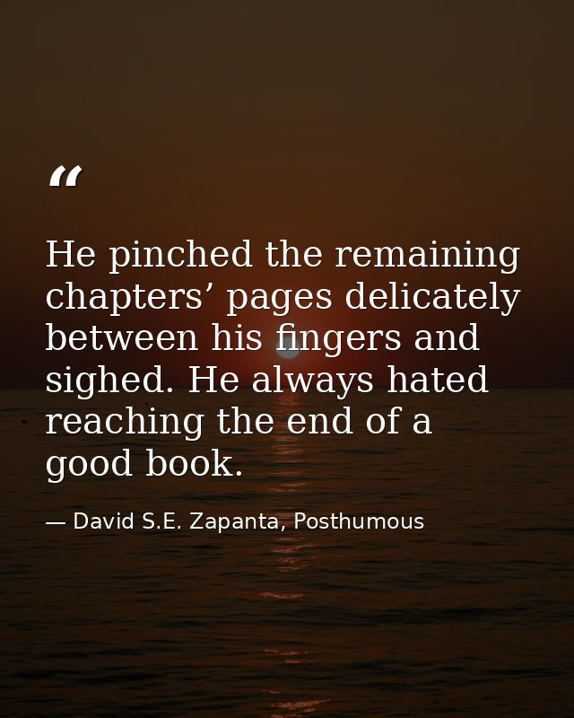 He pinched the remaining chapters’ pages delicately between his fingers and sighed. He always hated reaching the end of  — David S.E. Zapanta, Posthumous
