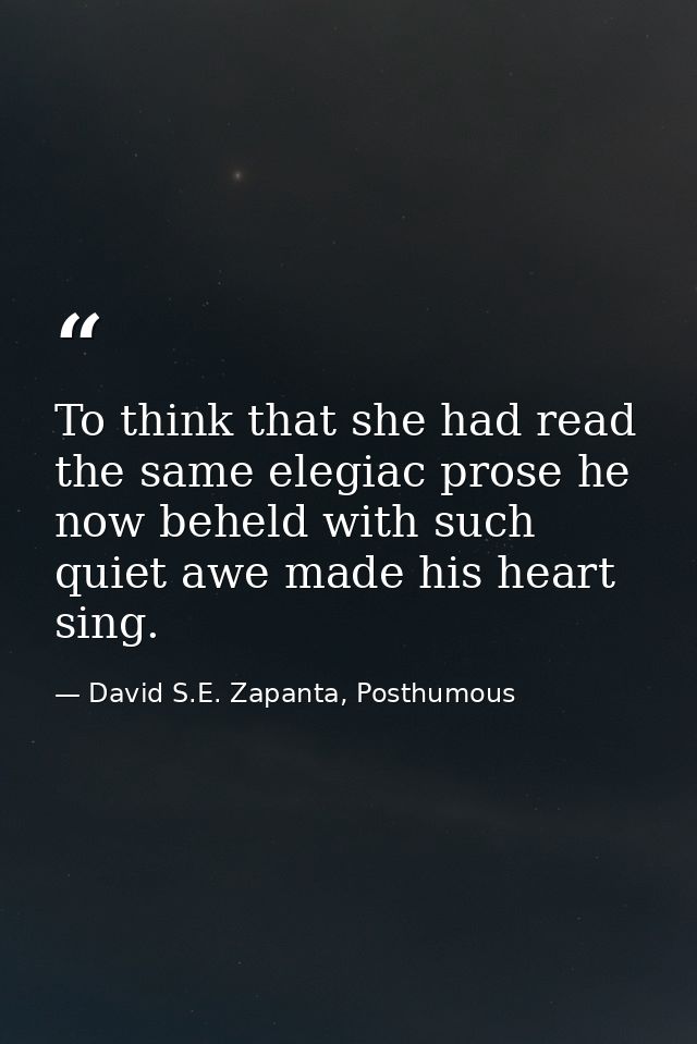To think that she had read the same elegiac prose he now beheld with such quiet awe made his heart sing. — David S.E. Zapanta, Posthumous