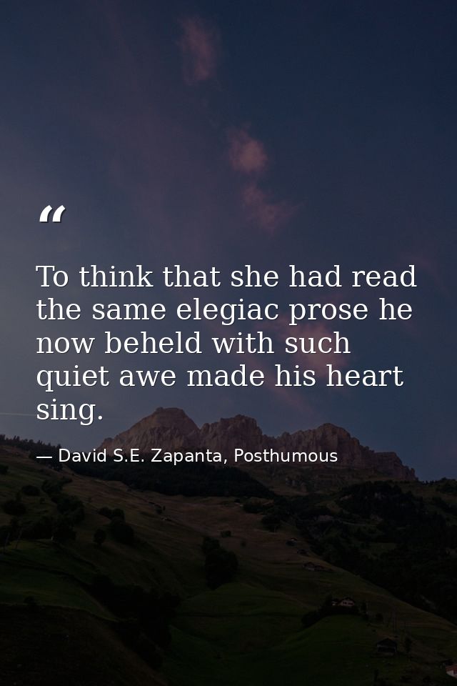 To think that she had read the same elegiac prose he now beheld with such quiet awe made his heart sing. — David S.E. Zapanta, Posthumous