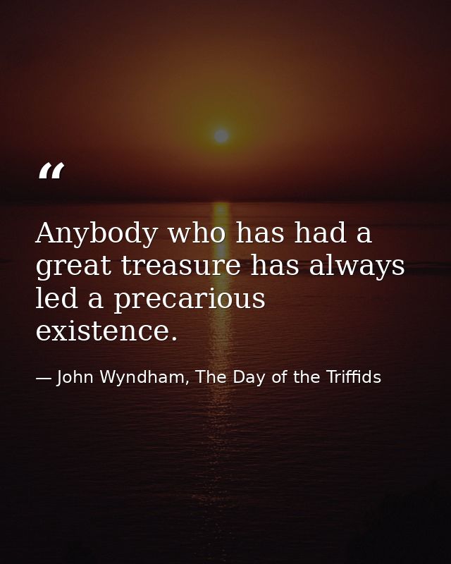 Anybody who has had a great treasure has always led a precarious existence. — John Wyndham, The Day of the Triffids