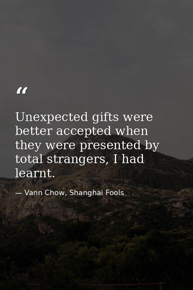 Unexpected gifts were better accepted when they were presented by total strangers, I had learnt. — Vann Chow, Shanghai Fools