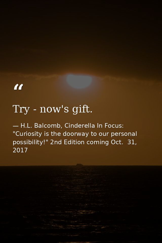 Try - now's gift. — H.L. Balcomb, Cinderella In Focus: "Curiosity is the doorway to our personal possibility!" 2nd Edition coming Oct.  31, 2017