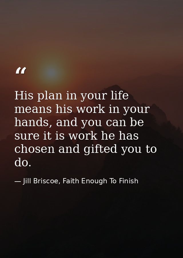 His plan in your life means his work in your hands, and you can be sure it is work he has chosen and gifted you to do. — Jill Briscoe, Faith Enough To Finish
