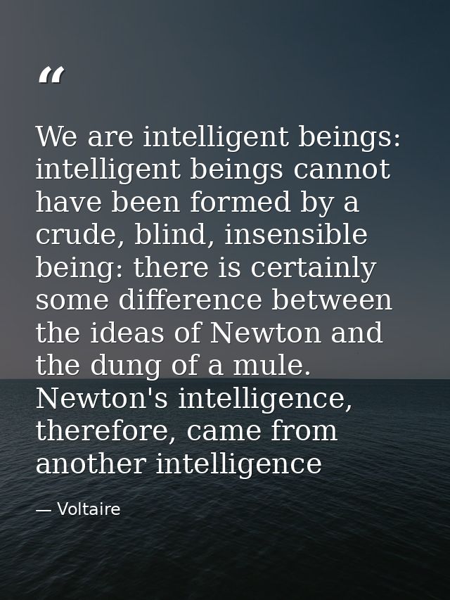 We are intelligent beings: intelligent beings cannot have been formed by a crude, blind, insensible being: there is cert — Voltaire