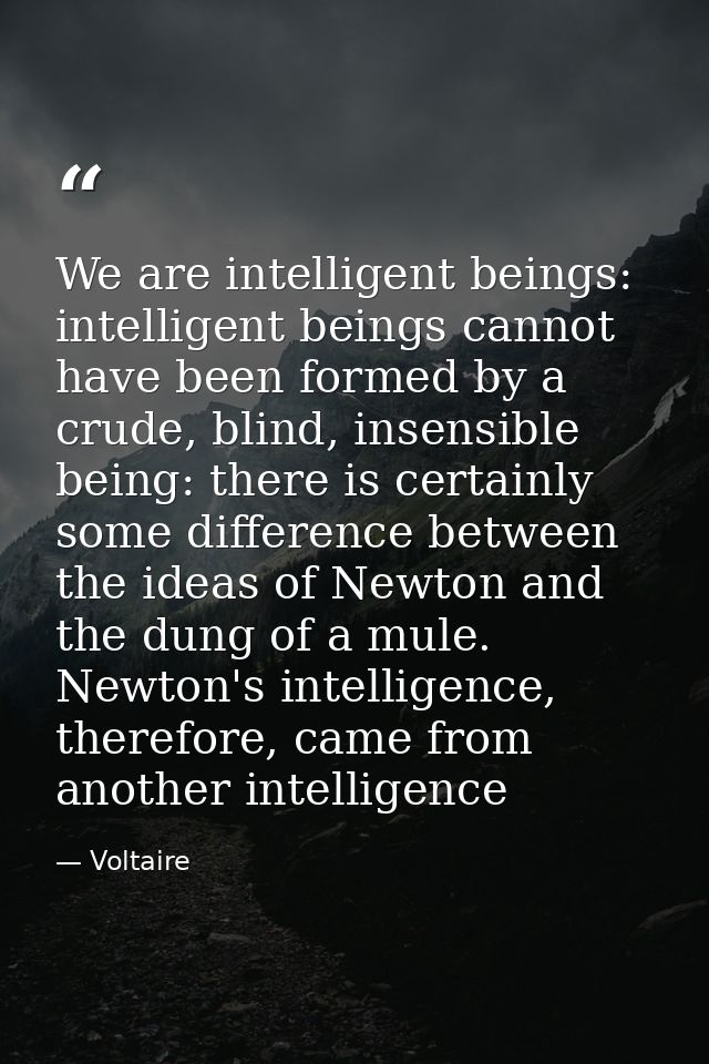 We are intelligent beings: intelligent beings cannot have been formed by a crude, blind, insensible being: there is cert — Voltaire