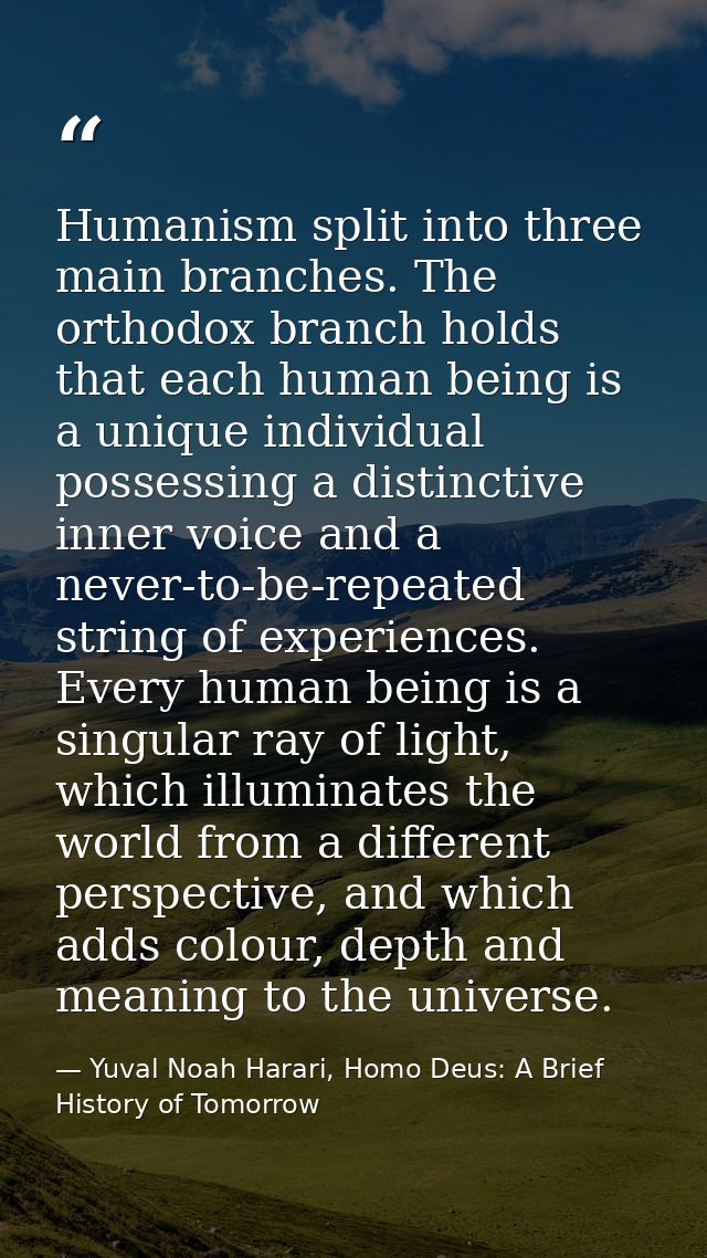 Humanism split into three main branches. The orthodox branch holds that each human being is a unique individual possessi — Yuval Noah Harari, Homo Deus: A Brief History of Tomorrow