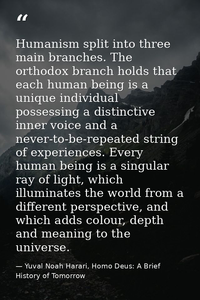 Humanism split into three main branches. The orthodox branch holds that each human being is a unique individual possessi — Yuval Noah Harari, Homo Deus: A Brief History of Tomorrow