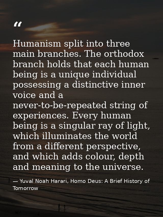 Humanism split into three main branches. The orthodox branch holds that each human being is a unique individual possessi — Yuval Noah Harari, Homo Deus: A Brief History of Tomorrow