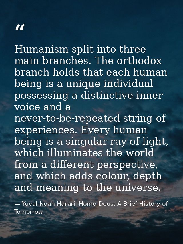 Humanism split into three main branches. The orthodox branch holds that each human being is a unique individual possessi — Yuval Noah Harari, Homo Deus: A Brief History of Tomorrow