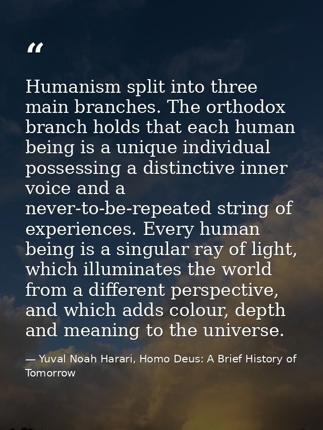 Humanism split into three main branches. The orthodox branch holds that each human being is a unique individual possessi — Yuval Noah Harari, Homo Deus: A Brief History of Tomorrow