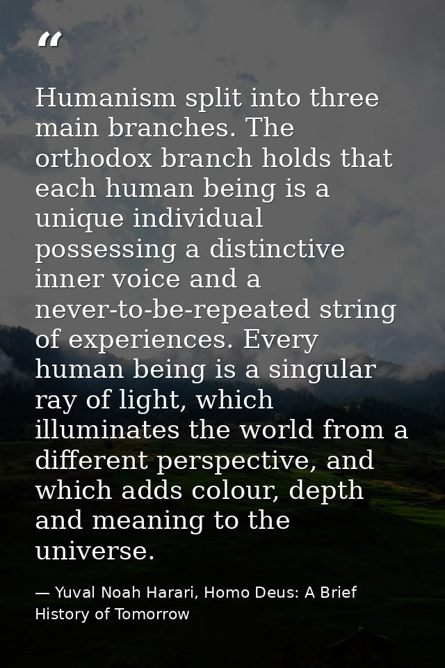 Humanism split into three main branches. The orthodox branch holds that each human being is a unique individual possessi — Yuval Noah Harari, Homo Deus: A Brief History of Tomorrow