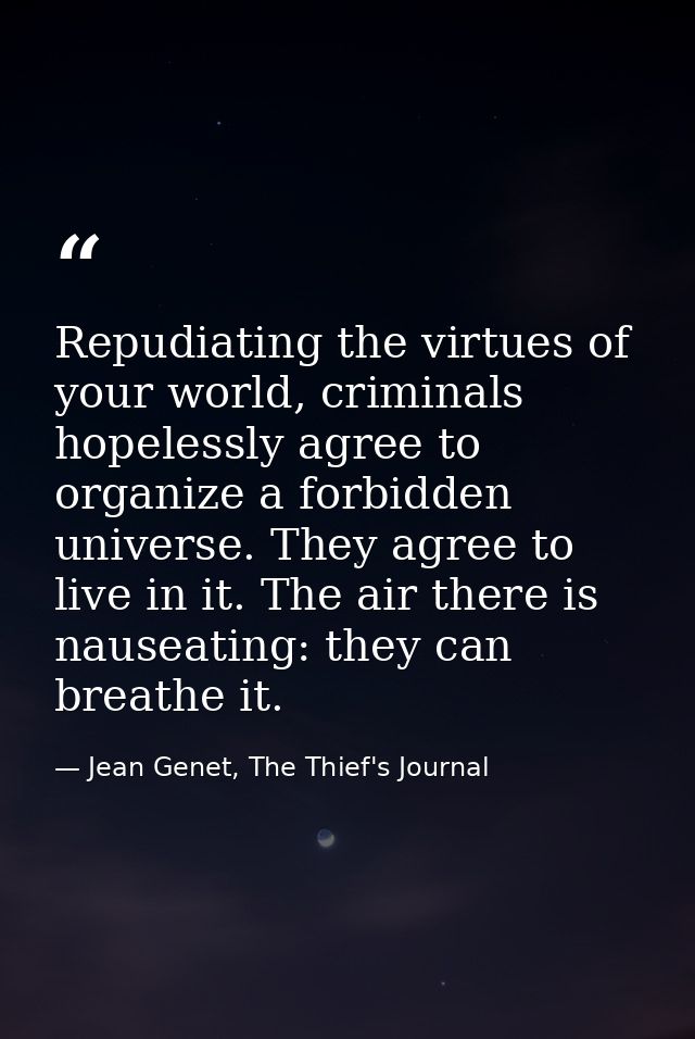 Repudiating the virtues of your world, criminals hopelessly agree to organize a forbidden universe. They agree to live i — Jean Genet, The Thief's Journal