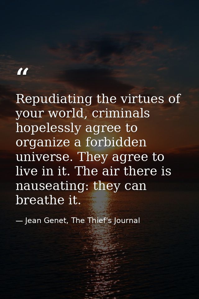 Repudiating the virtues of your world, criminals hopelessly agree to organize a forbidden universe. They agree to live i — Jean Genet, The Thief's Journal
