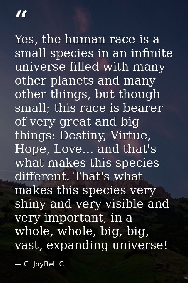 Yes, the human race is a small species in an infinite universe filled with many other planets and many other things, but — C. JoyBell C.