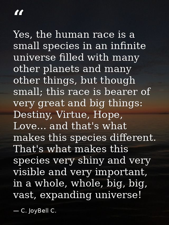 Yes, the human race is a small species in an infinite universe filled with many other planets and many other things, but — C. JoyBell C.