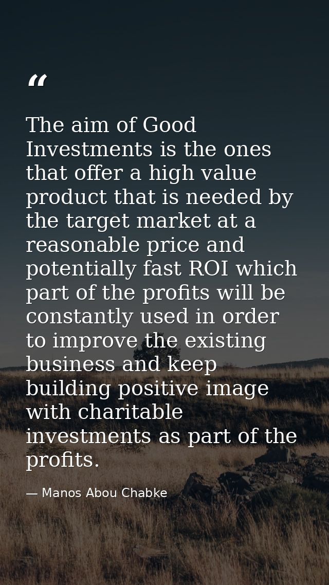 The aim of Good Investments is the ones that offer a high value product that is needed by the target market at a reasona — Manos Abou Chabke