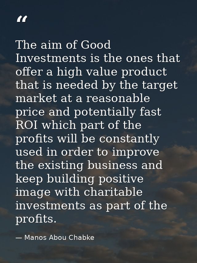 The aim of Good Investments is the ones that offer a high value product that is needed by the target market at a reasona — Manos Abou Chabke