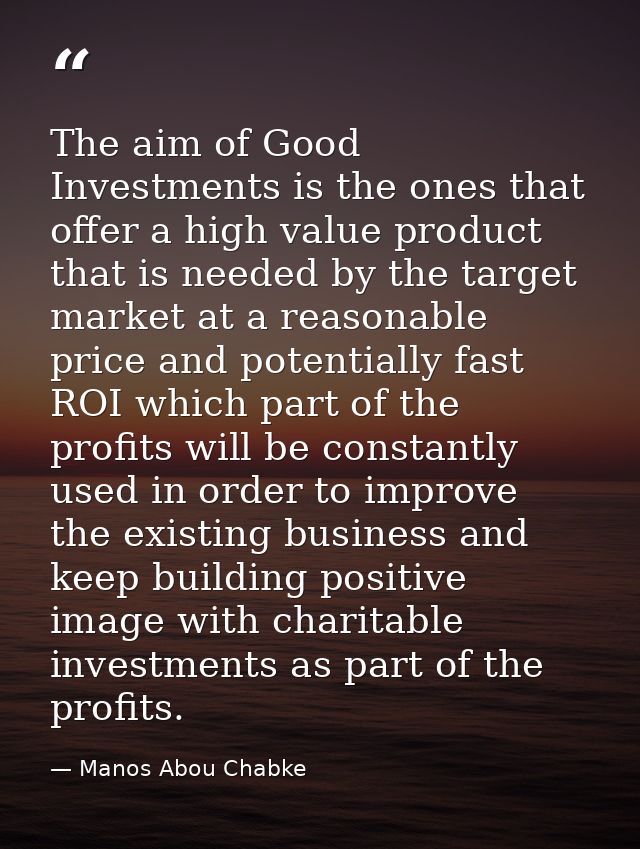 The aim of Good Investments is the ones that offer a high value product that is needed by the target market at a reasona — Manos Abou Chabke